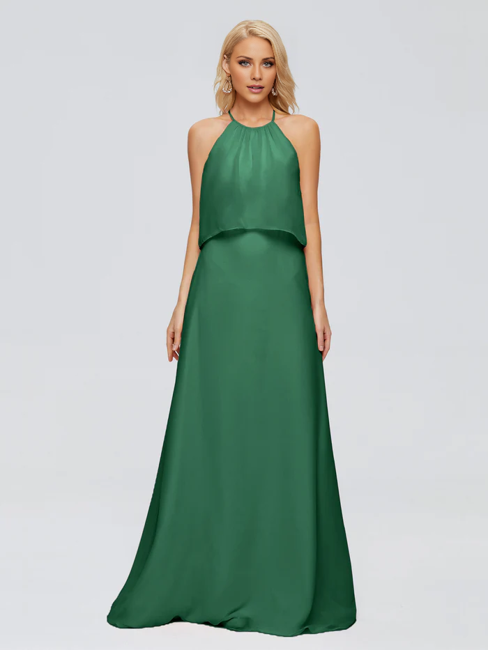 Vestido de dama de honor largo hasta el suelo en gasa con escote halter