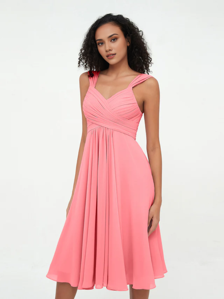 Sage Green Pleated Chiffon A-Line Knee-Length Dress