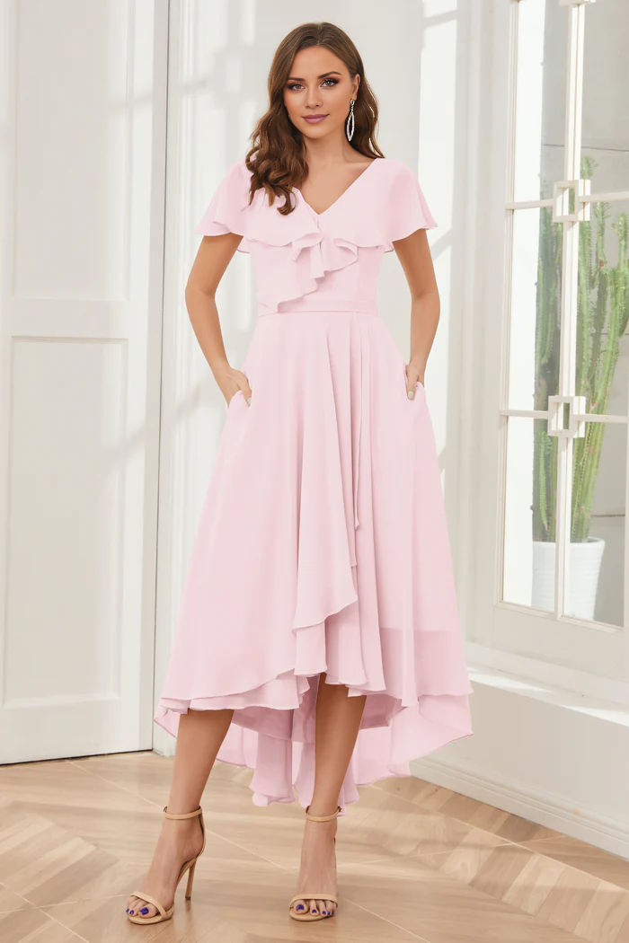 V-neck high-low short sleeved tea long bridesmaid dress