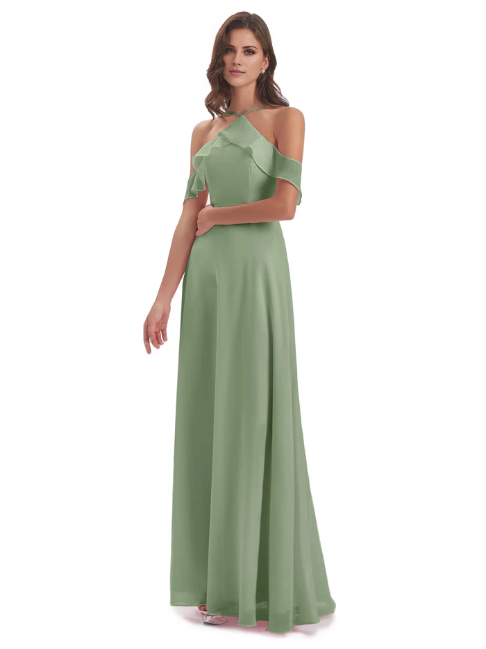 Tight off shoulder chiffon long and floor length bridesmaid dress