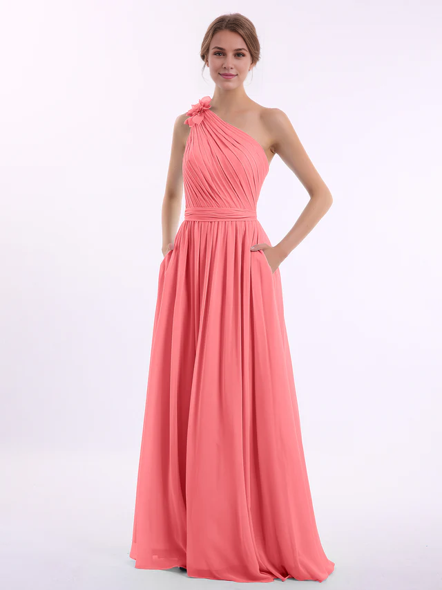 Chiffon One-Shoulder Ruched Bodice Pocketed A-Line Floor-Length Bridesmaid Dresses