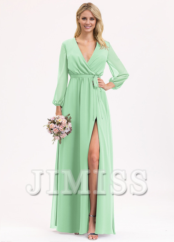 Abito da damigella d'onore in chiffon con scollo a V, lunghezza al pavimento, plissettato e fiocco