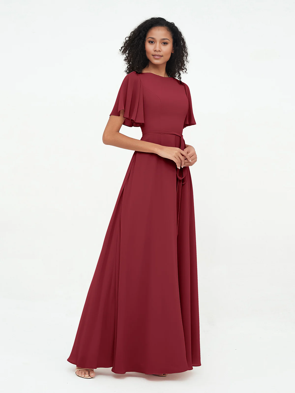 Dark Navy Chiffon A-Line Floor-Length Bridesmaid Dress with Flutter Sleeves & Tie Waist