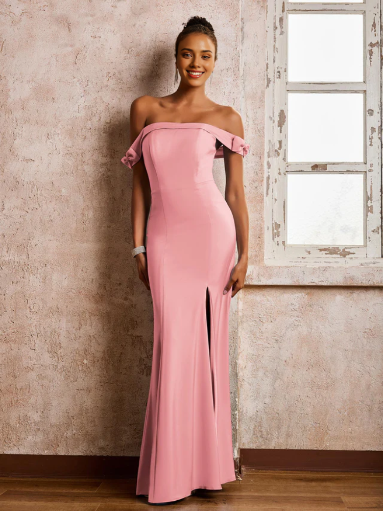 Burgundy Crepe Off-the-Shoulder Mermaid Floor-Length Dress with High Slit