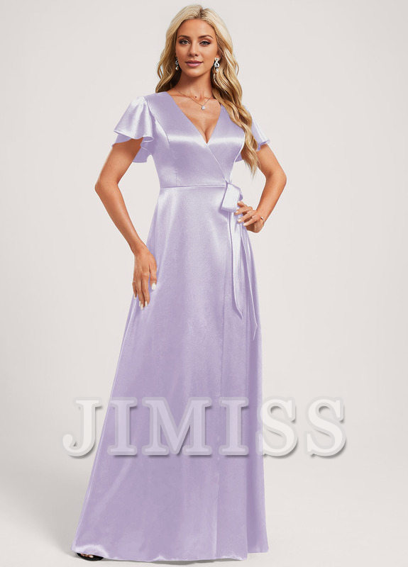 Vestido de dama de honor de satén elástico, largo hasta el suelo, con escote en V y corte A