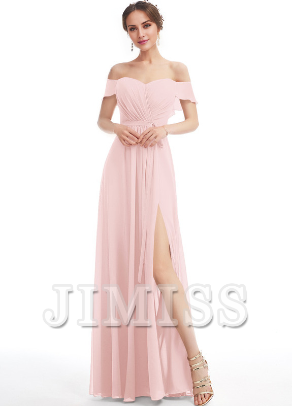 Vestido de dama de honor de gasa con volantes, corte A y largo hasta el suelo