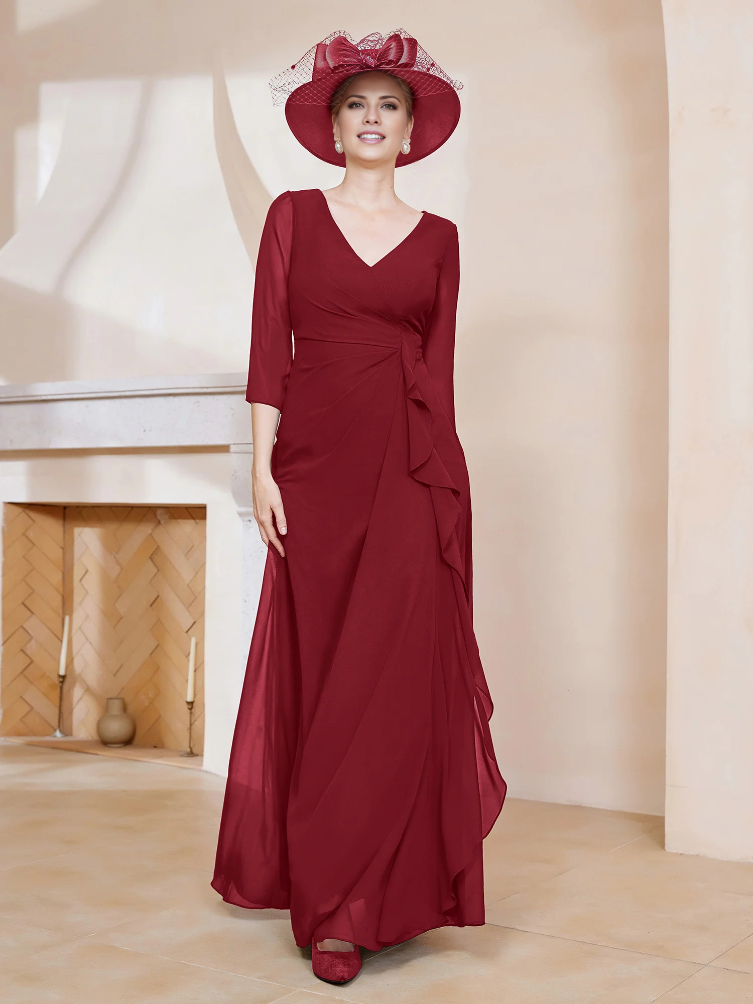 Navy Blue Chiffon A-Line V-Neck Floor-Length Evening Dress