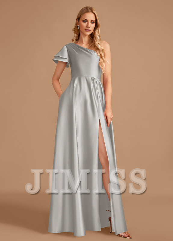 Abito da damigella d'onore in raso, monospalla, lungo fino a terra, a trapezio