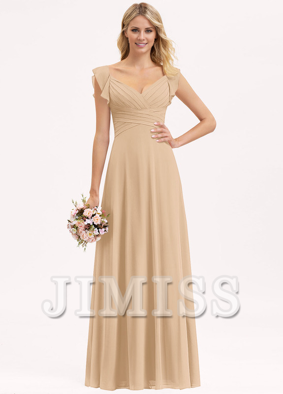 Dusty Rose Chiffon A-Line Floor-Length Bridesmaid Dress with V-Neck & Flutter Sleeves