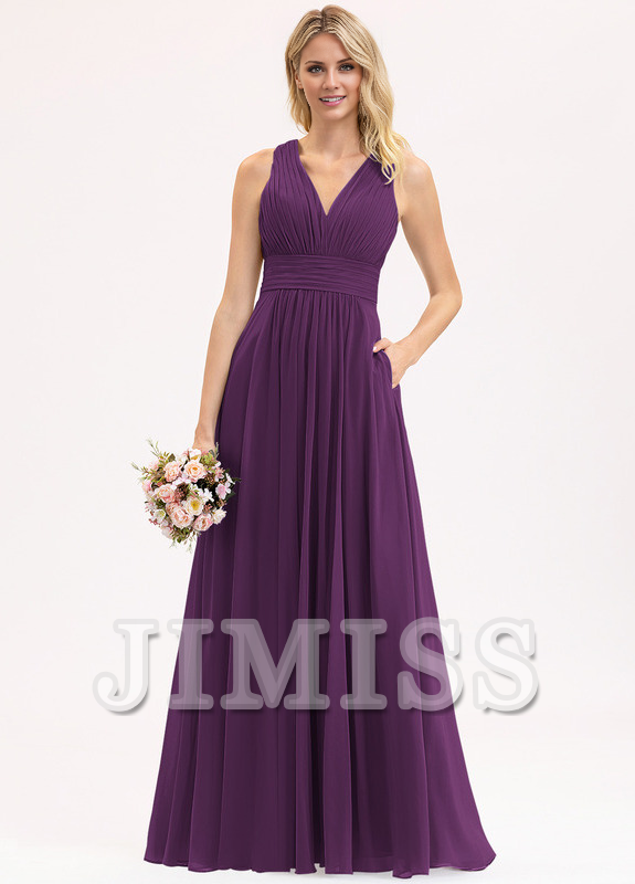 Vestido de dama de honor de gasa con escote en V, largo hasta el suelo y lazo con volantes