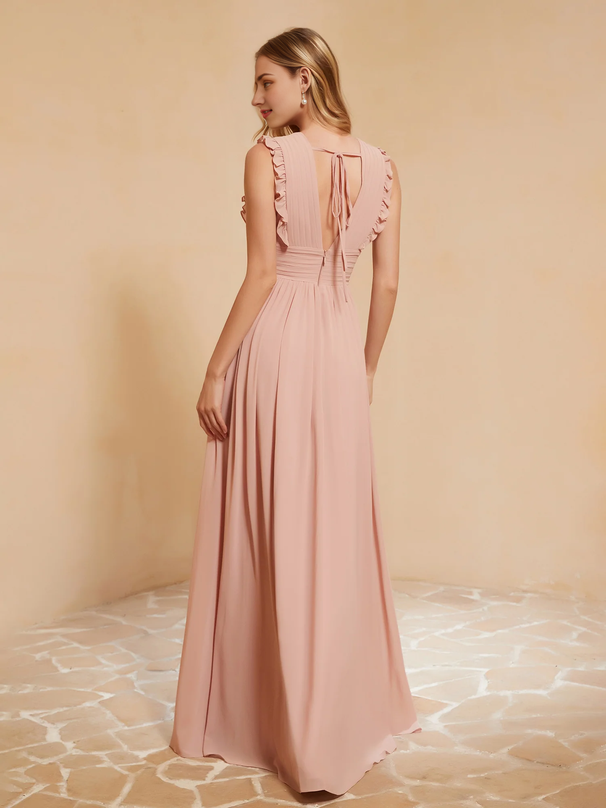 Dusty Rose Chiffon A-Line Floor-Length Dress with V-Neck and Ruched Bodice + Ruffled Straps