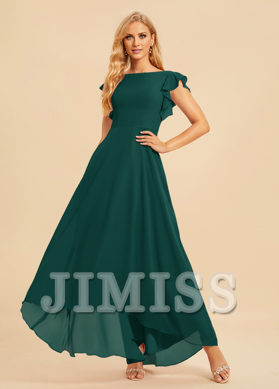 Vestido de dama de honor asimétrico de gasa con escote en A y volantes