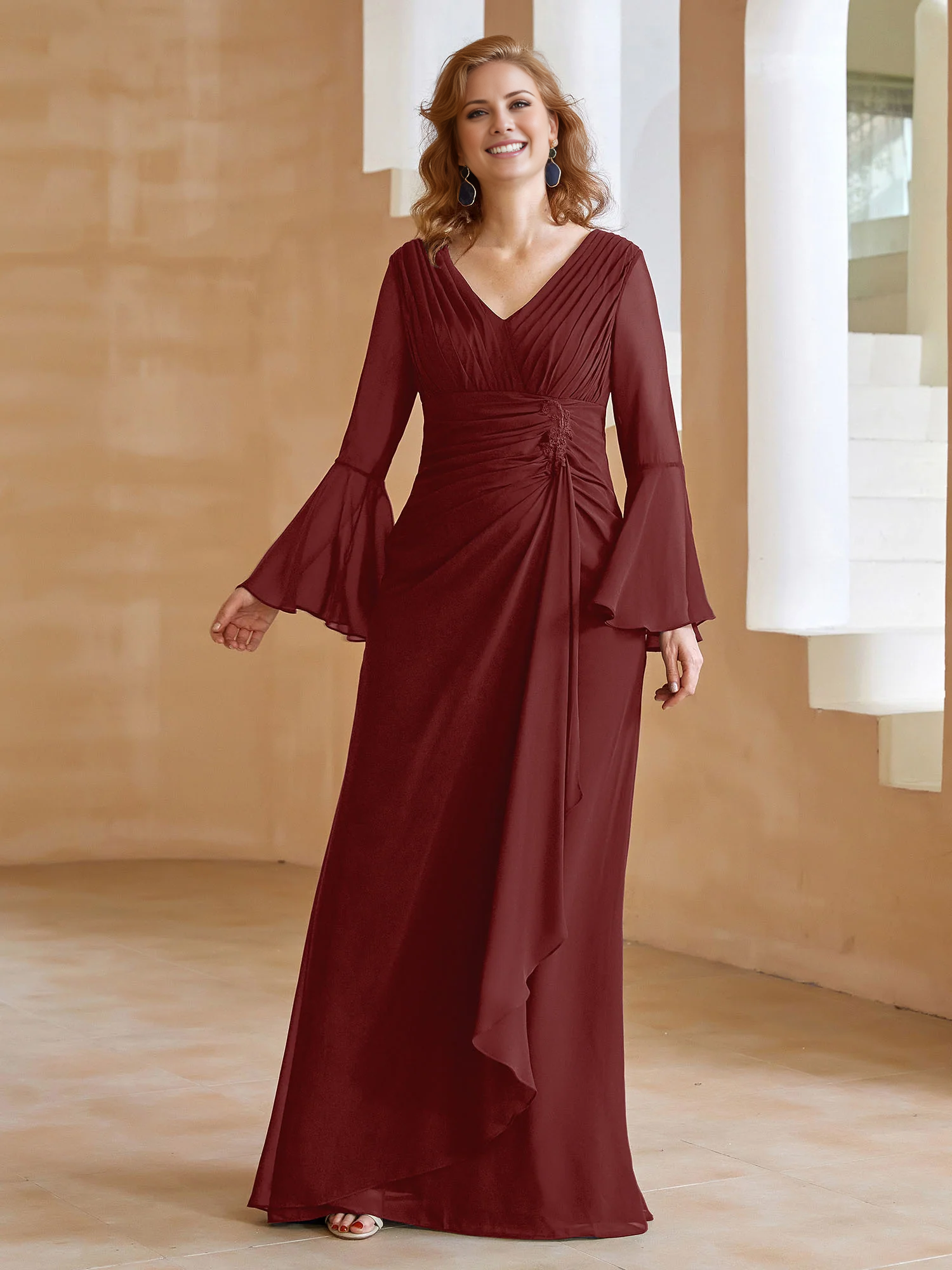 Olive Green Chiffon A-Line V-Neck Bridesmaid Dress with Ruched Bodice & Bell Sleeves