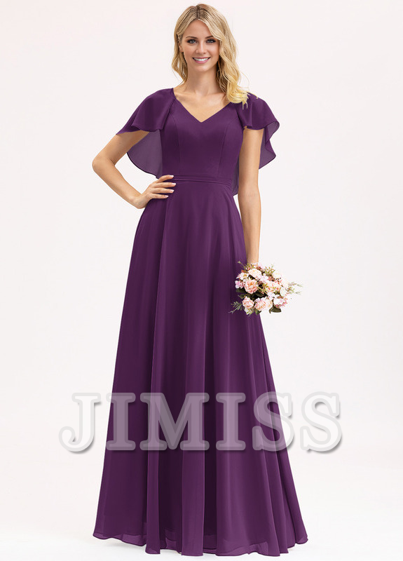 Vestido de dama de honor de gasa con escote en V, volantes escalonados y largo hasta el suelo