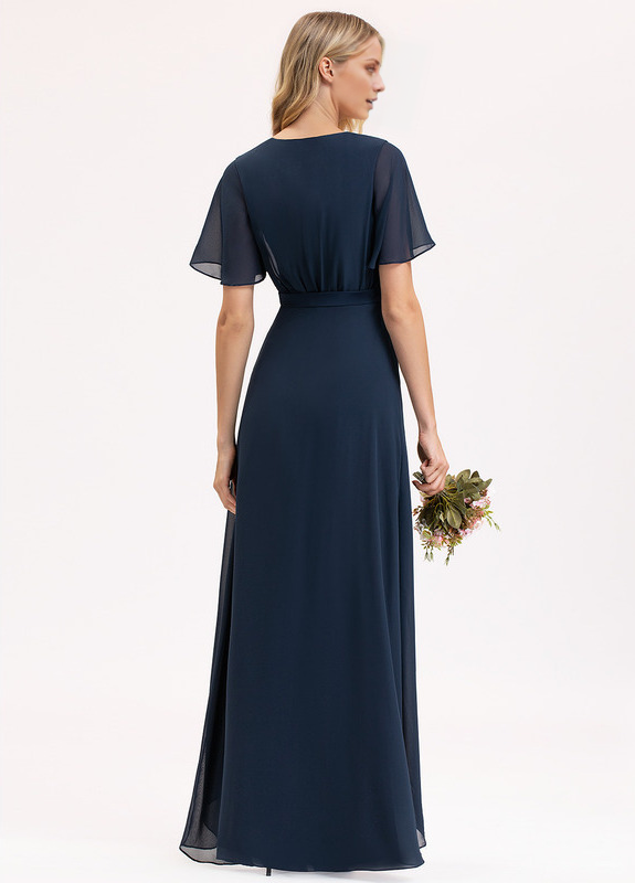 Vestido de dama de honor de gasa plisada con lazo asimétrico y escote en V en forma de A