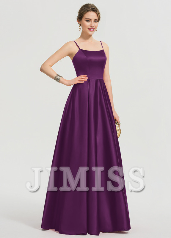 Vestido de fiesta largo hasta el suelo de satén con escote en A y corte cuadrado