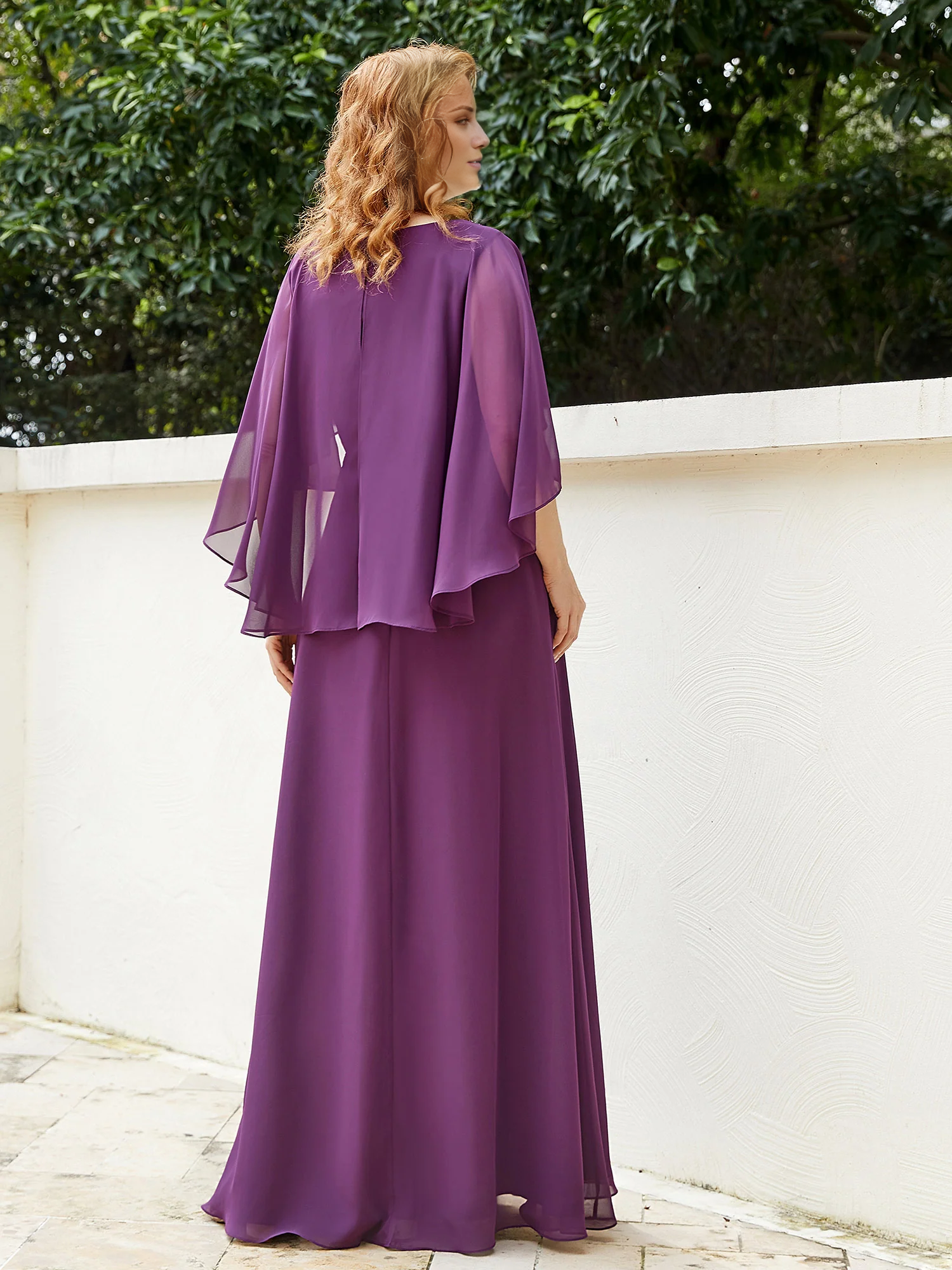 Purple Chiffon A-Line Floor-Length Dress with Beaded V-Neckline