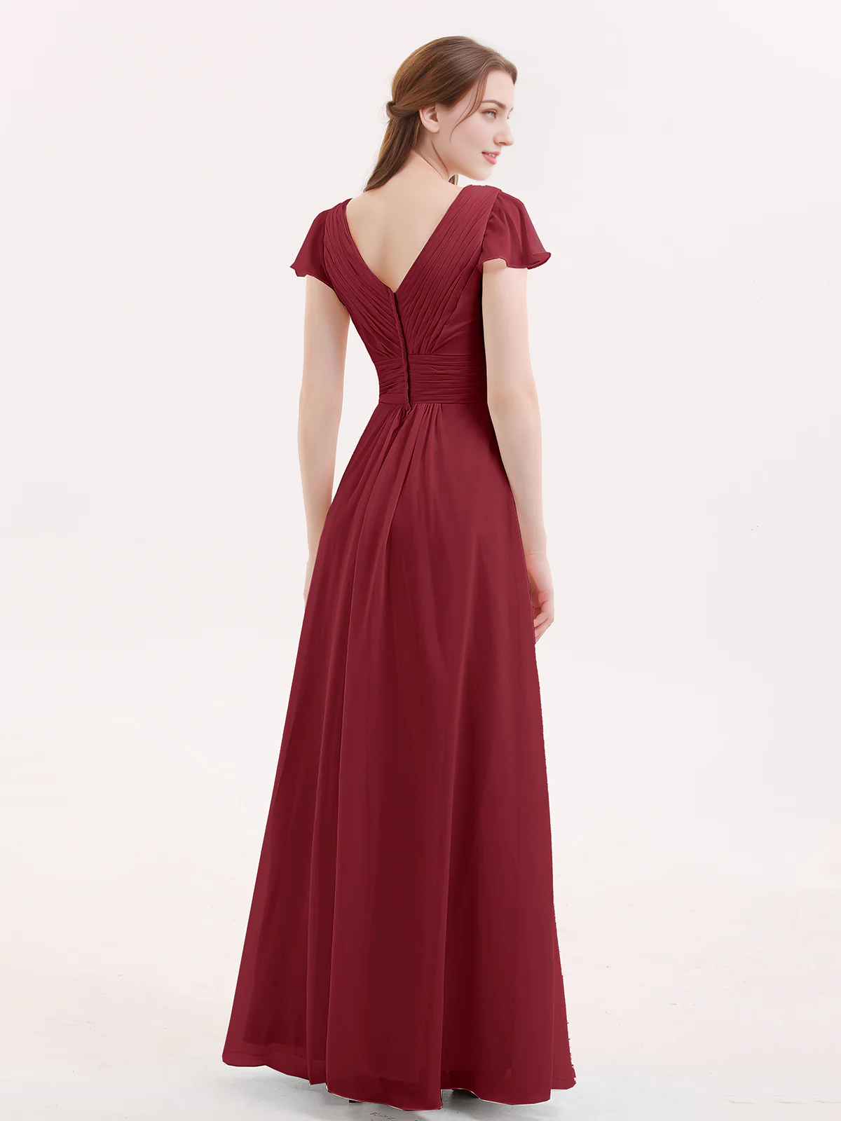 Burgundy Chiffon A-Line V-Neck Floor-Length Bridesmaid Dress