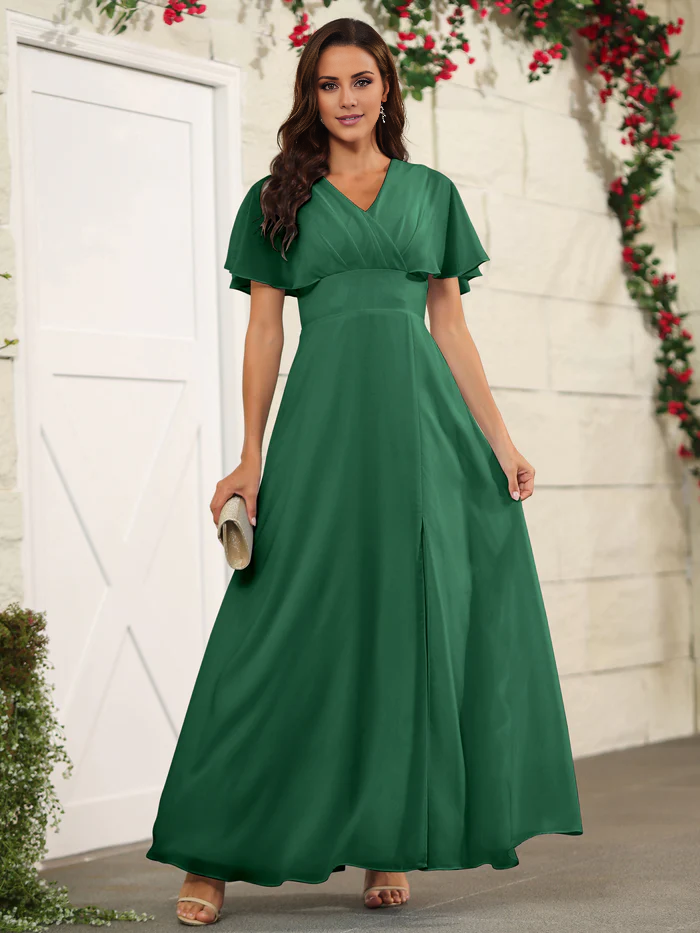 Chiffon short sleeved V-neck slit and floor length bridesmaid dress