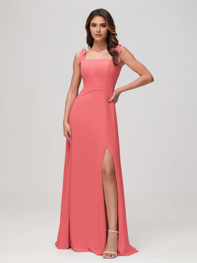 Olive Green Chiffon A-Line Floor-Length Bridesmaid Dress with Square Neck