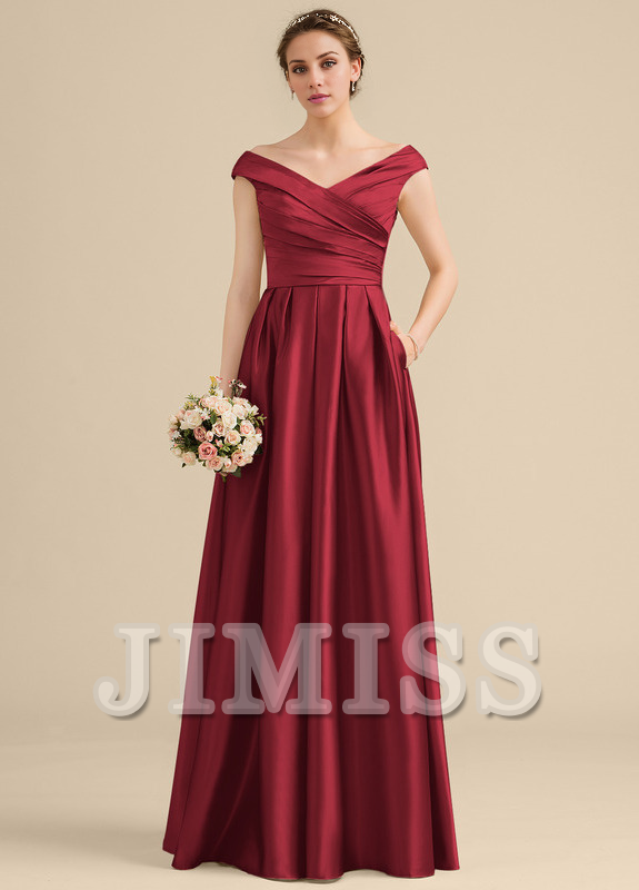 Vestido de dama de honor de satén con volantes, corte A, hombros descubiertos y largo hasta el suelo