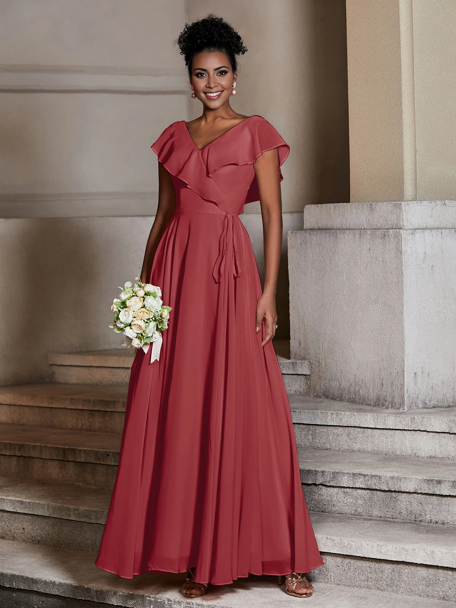 Vestido de gasa con capucha y cuello en V