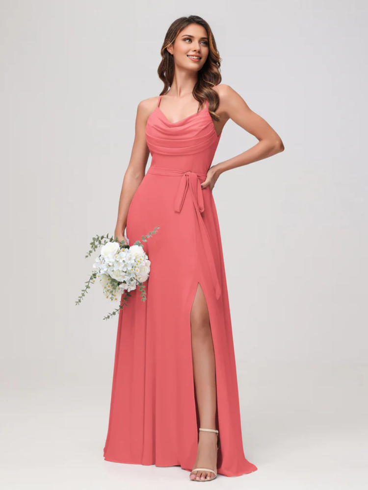 Chiffon Spaghetti-Strap Sweetheart Neckline Ruched Bodice High-Slit A-Line Floor-Length Bridesmaid Dresses