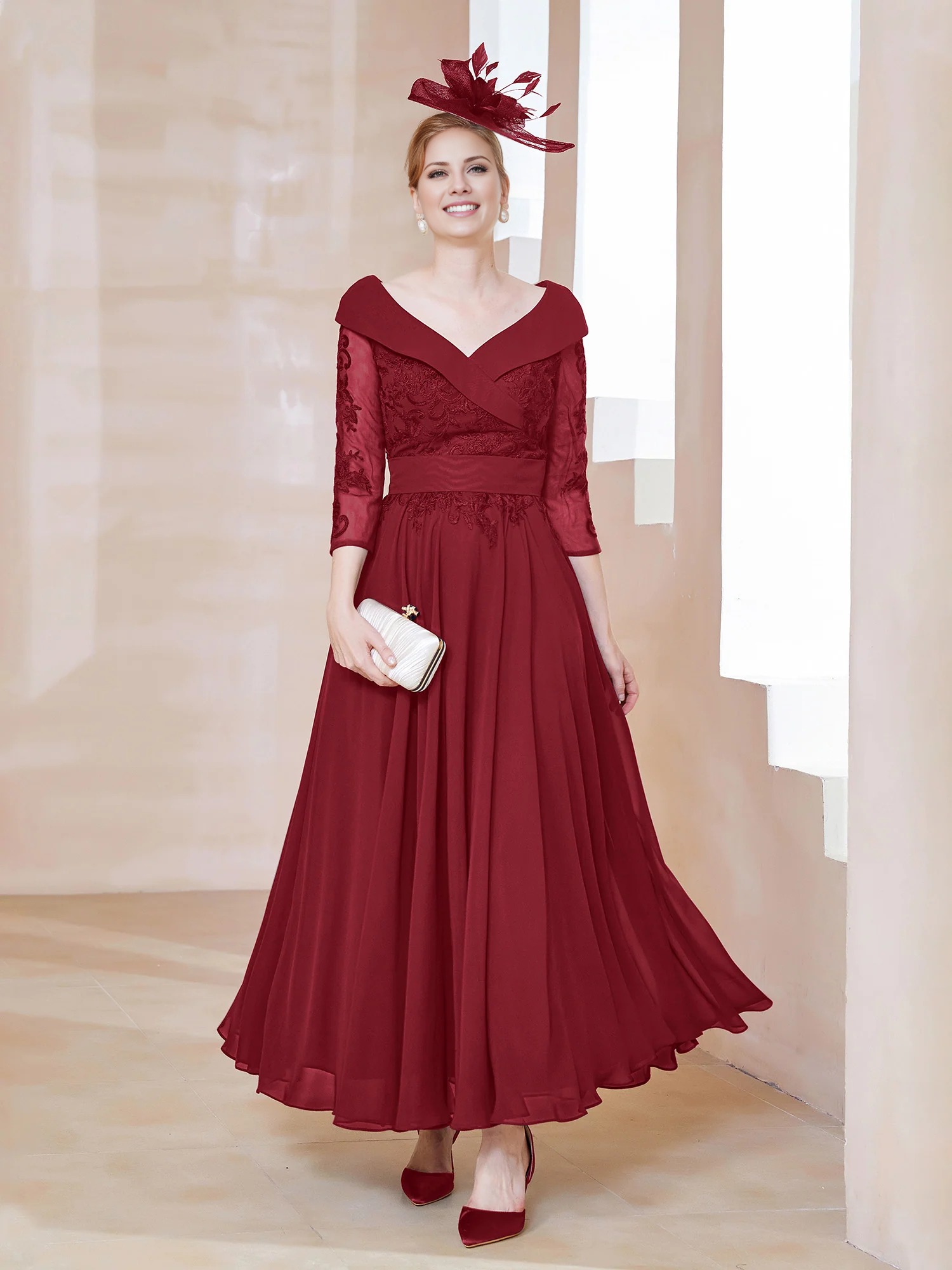 Dark Navy Chiffon A-Line Ankle-Length Off-the-Shoulder Evening Dress