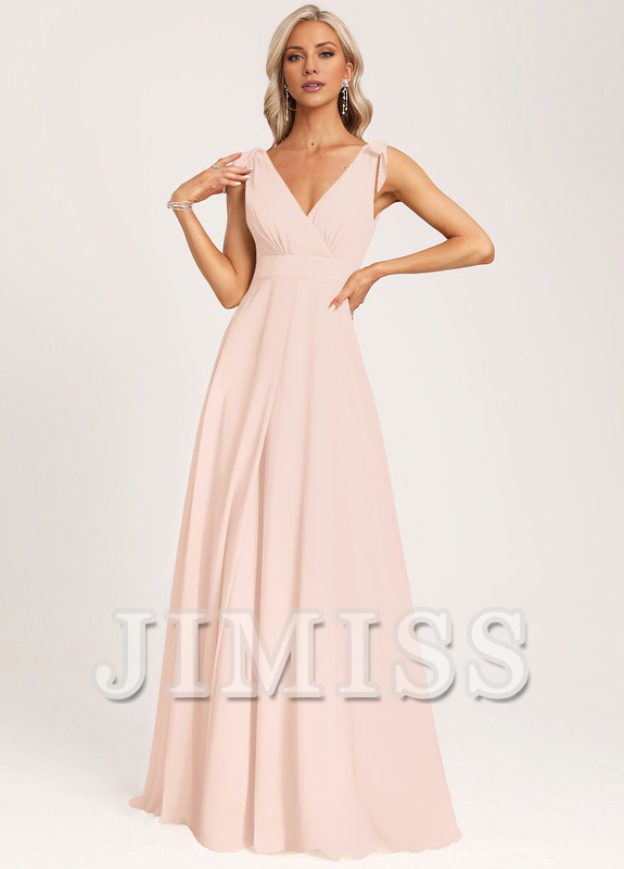 Vestido de dama de honor con escote en V y lazo de gasa en el fondo