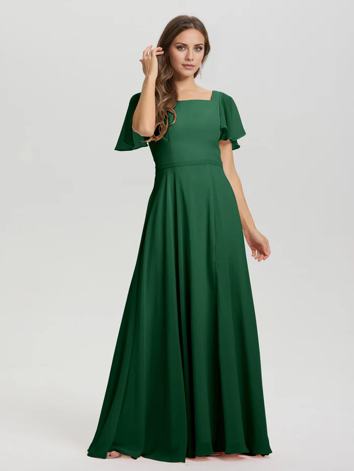 Vestido de dama de honor de gasa con cuello cuadrado, corte A, mangas cortas con volantes y largo hasta el suelo