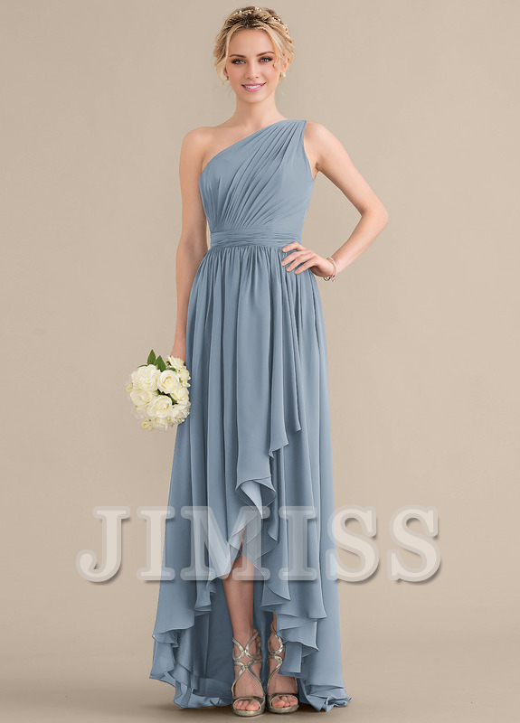 Dark Navy Chiffon A-Line High-Low Bridesmaid Dress with One Shoulder + Ruched Bodice + High-Low Ruffled Skirt