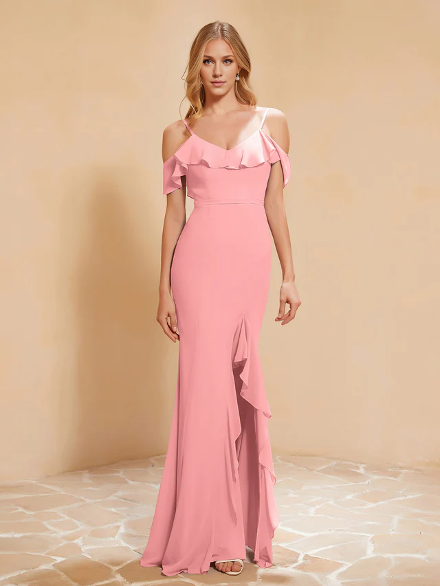 Chiffon Off-Shoulder Ruffled Bodice Sheath High-Slit Floor-Length Bridesmaid Dresses