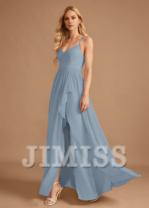 Vestido de dama de honor de gasa con volantes asimétricos y escote en V en forma de A