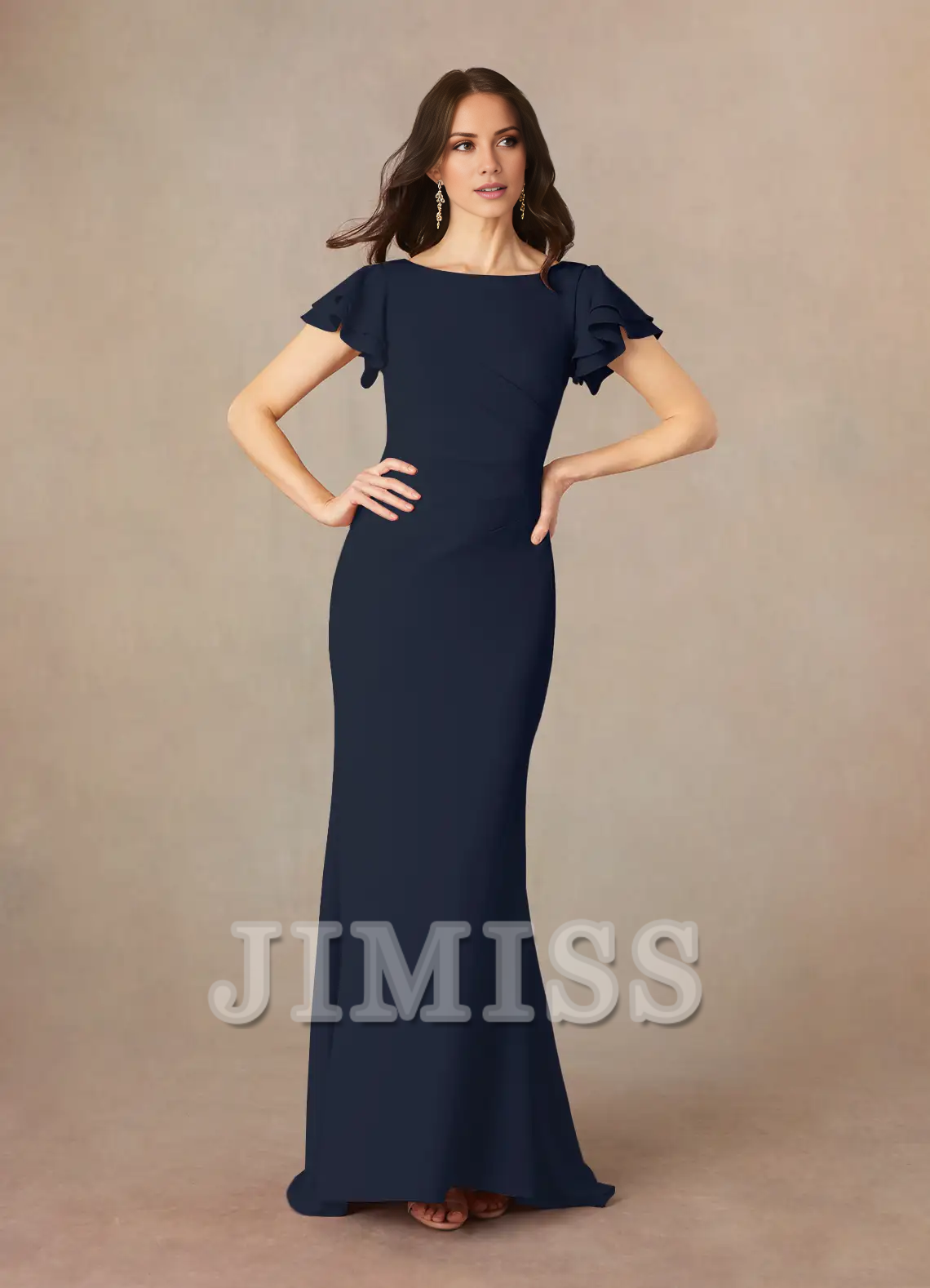 Burgundy Crepe Boat Neck Flutter Sleeve Floor-Length Bridesmaid Dress