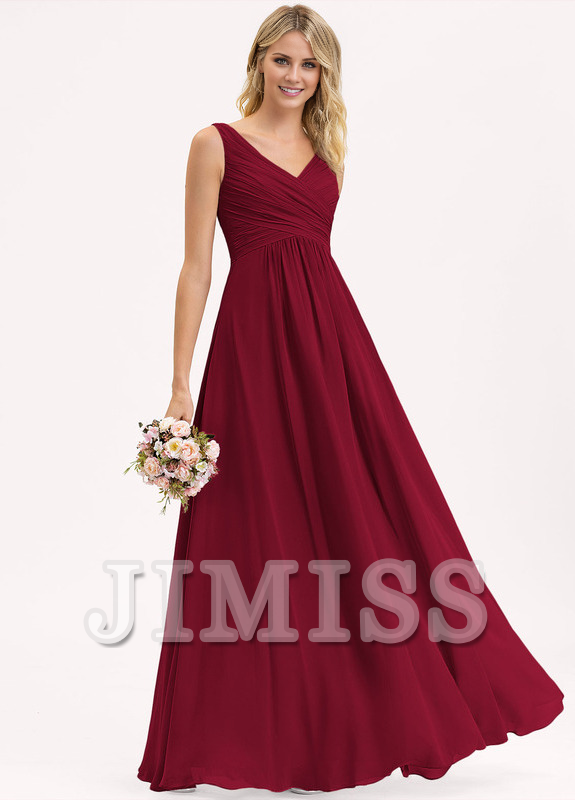 Abito da damigella d'onore in chiffon plissettato, lungo fino al pavimento, con scollo a V e linea ad A