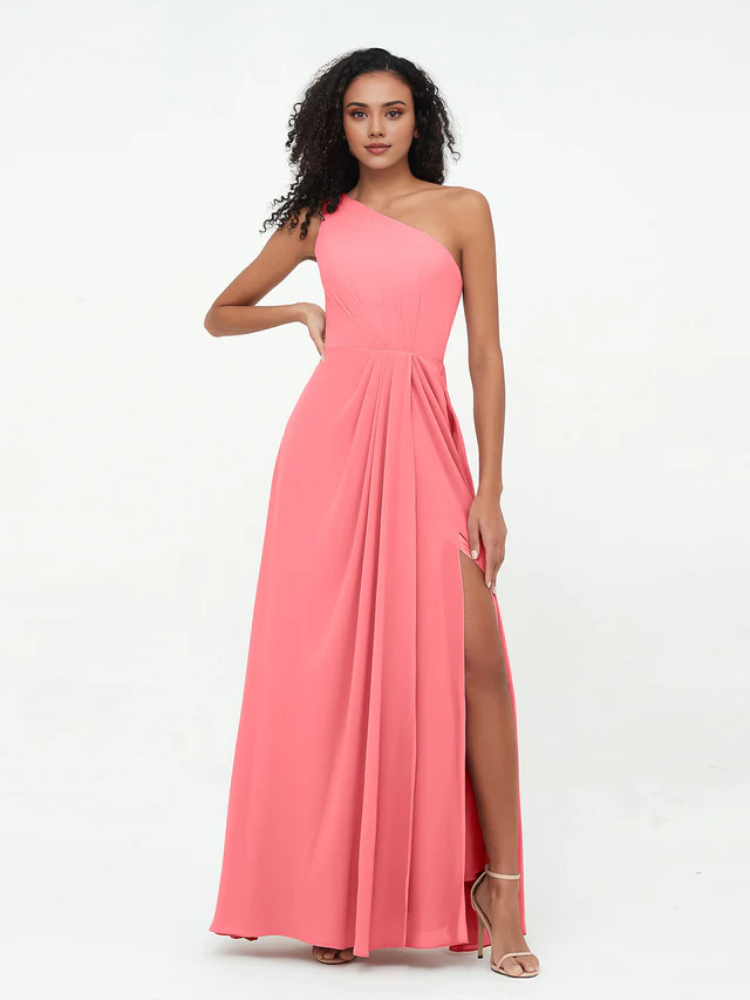 Olive Green Chiffon A-Line Floor-Length One Shoulder Dress with Draped Bodice and High Slit