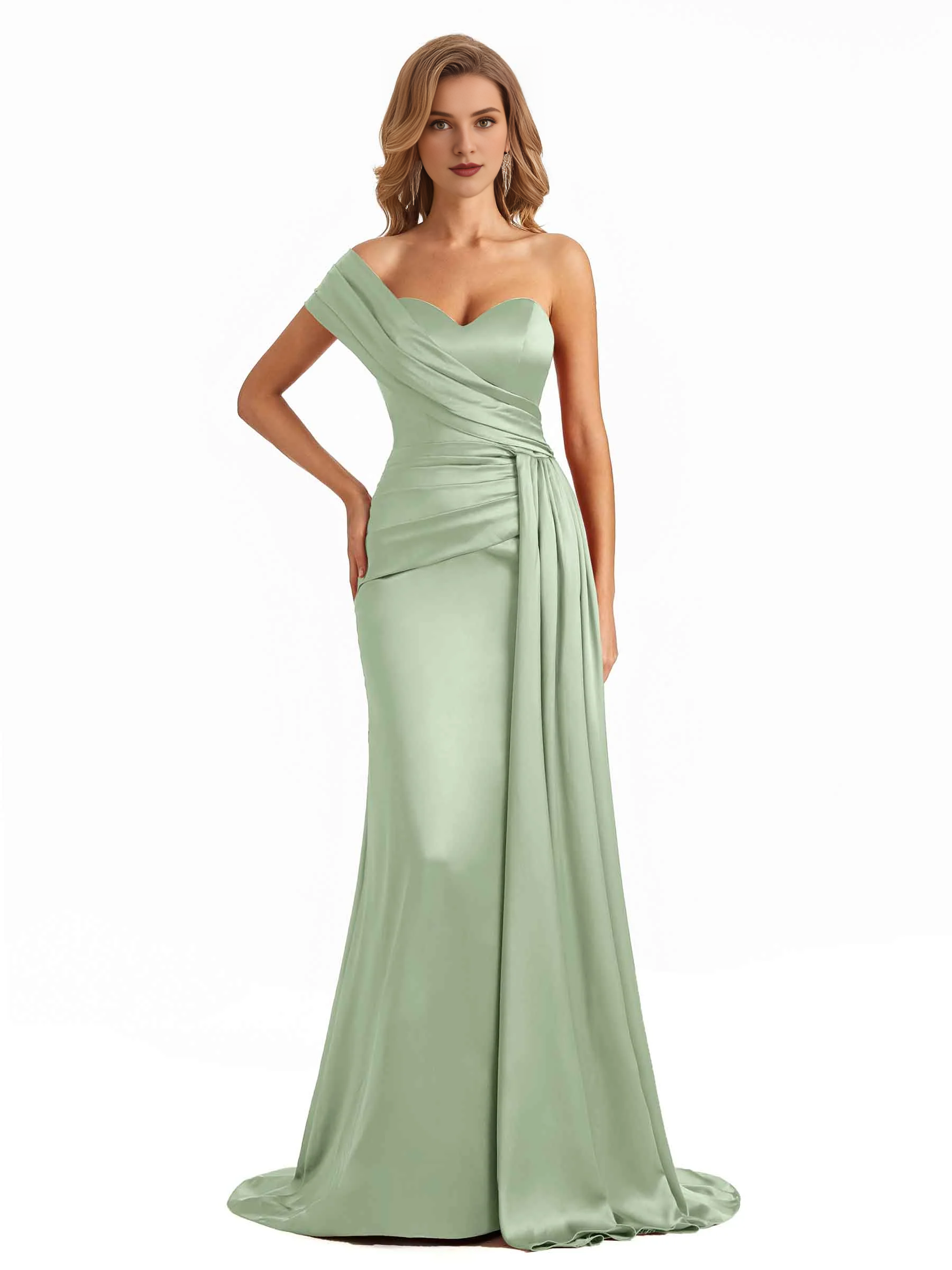 Elegant one shoulder soft satin long fish tail bridesmaid dress