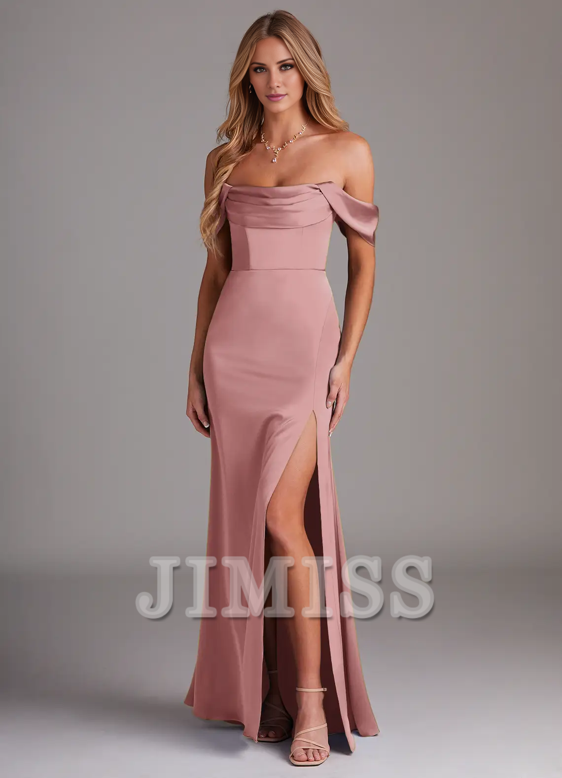 Vestido de dama de honor de satén con abertura lateral y hombros descubiertos, largo hasta el suelo - Vestido Jimiss 