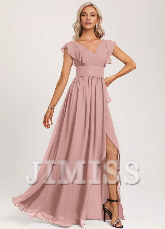 Vestido de dama de honor de gasa con volantes, escote en V y largo hasta el suelo