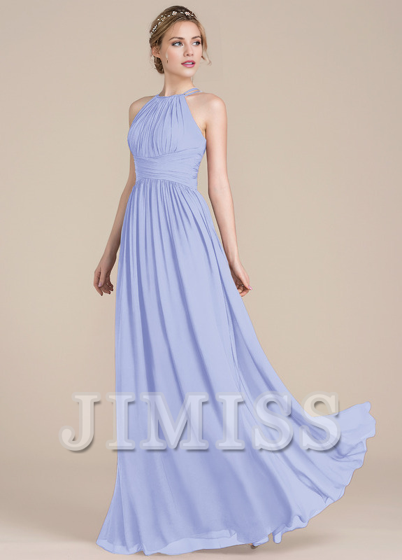 Vestido de dama de honor de gasa con escote redondo y corte A con diseño de hojas de loto