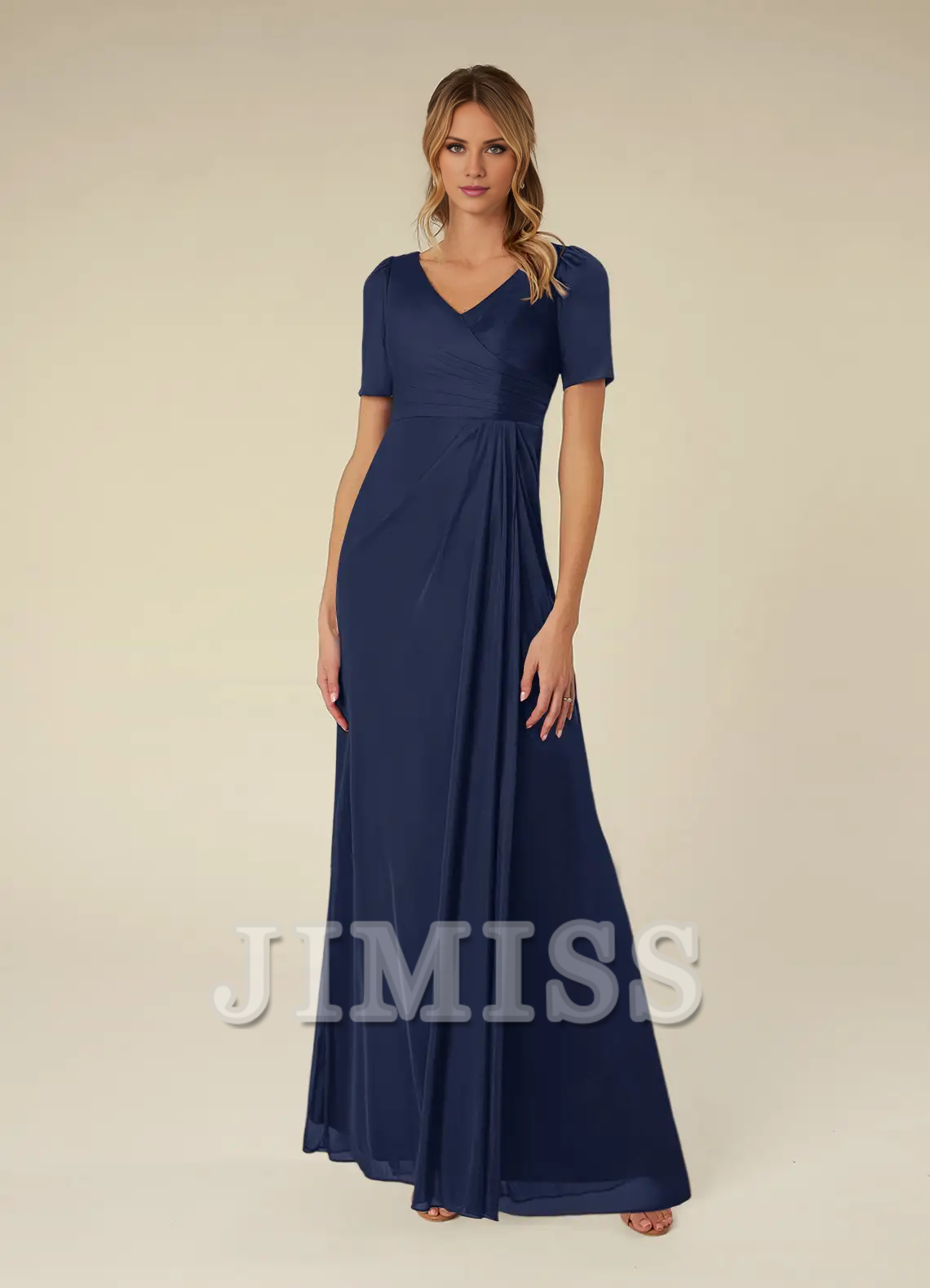 Abito da madre della sposa lungo fino al pavimento, a maniche corte, in rete plissettata, a trapezio