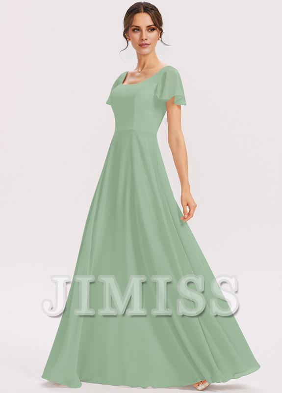 Vestido de dama de honor de gasa con volantes escalonados, corte A, cuadrado, largo hasta el suelo