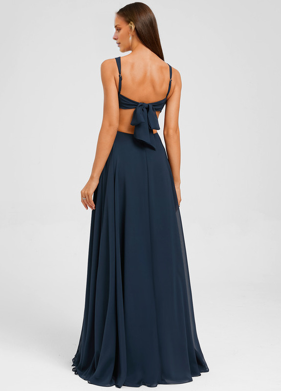 Dark Navy Chiffon A-Line Floor-Length Bridesmaid Dress | Sweetheart Neckline, Bow Back