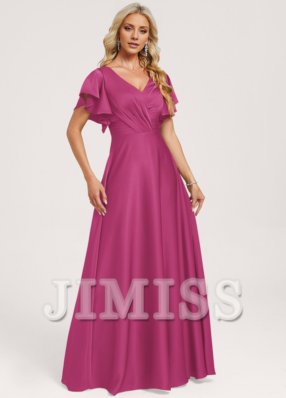 Vestido de dama de honor de satén con volantes, escote en V y largo hasta el suelo