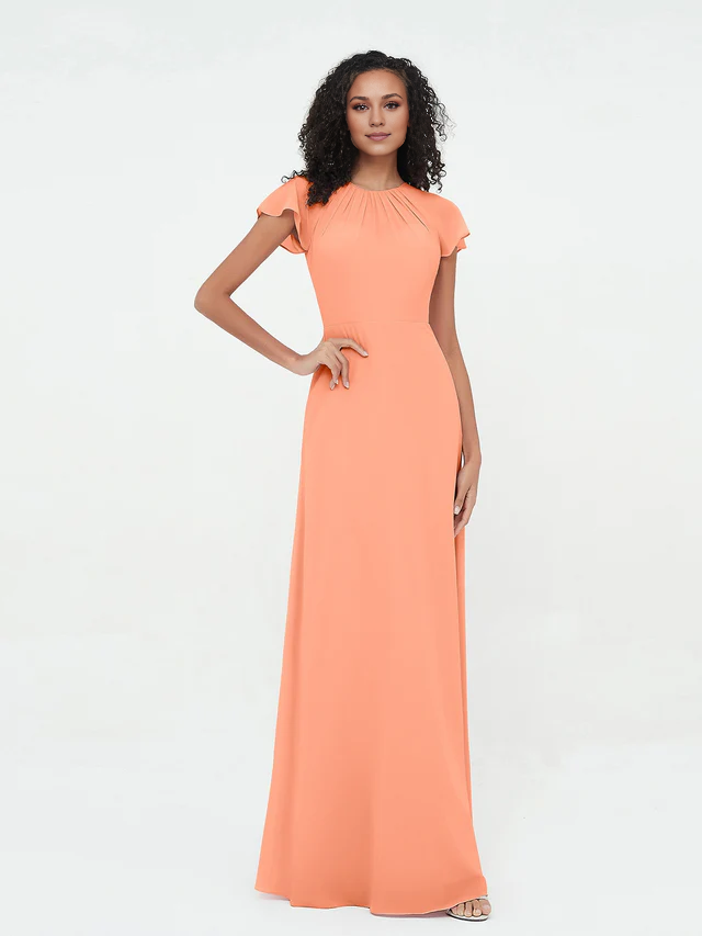 Chiffon Short-Sleeve Round Neck Ruched Bodice A-Line Floor-Length Bridesmaid Dresses