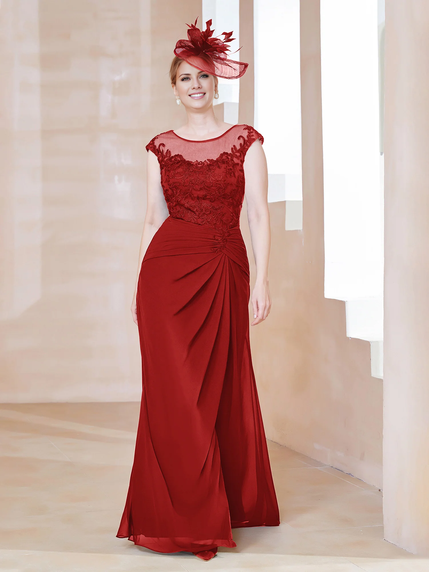 Dark Navy Chiffon A-Line Floor-Length Evening Dress with Illusion Neck and Draped Front