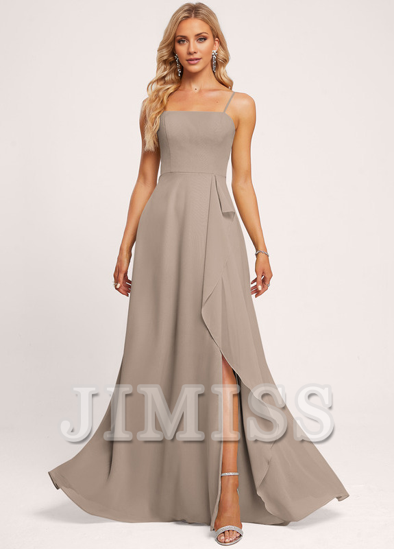 Vestido de dama de honor de gasa con volantes, corte A, cuadrado, largo hasta el suelo