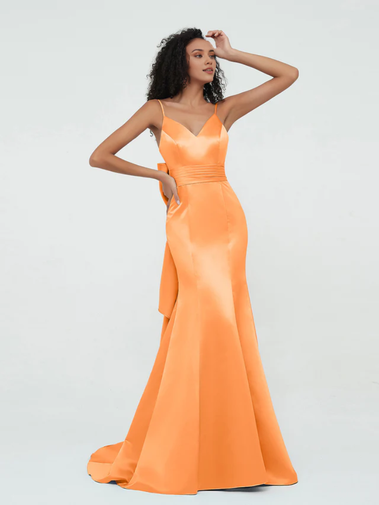Olive Green Satin Mermaid Floor-Length Bridesmaid Dress with V-Neck & Bow