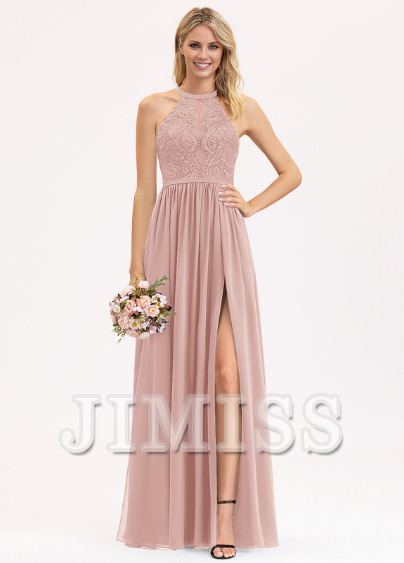 Abito da damigella d'onore in chiffon e pizzo, a trapezio, con scollo a barchetta e lunghezza al pavimento