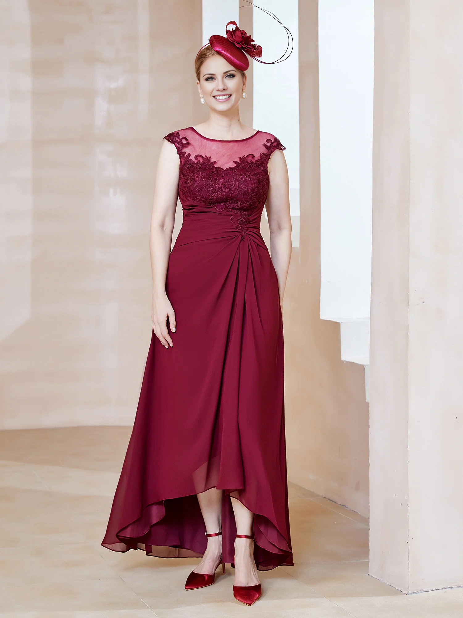 Burgundy Chiffon A-Line Asymmetrical Illusion Neck Dress with Lace Bodice